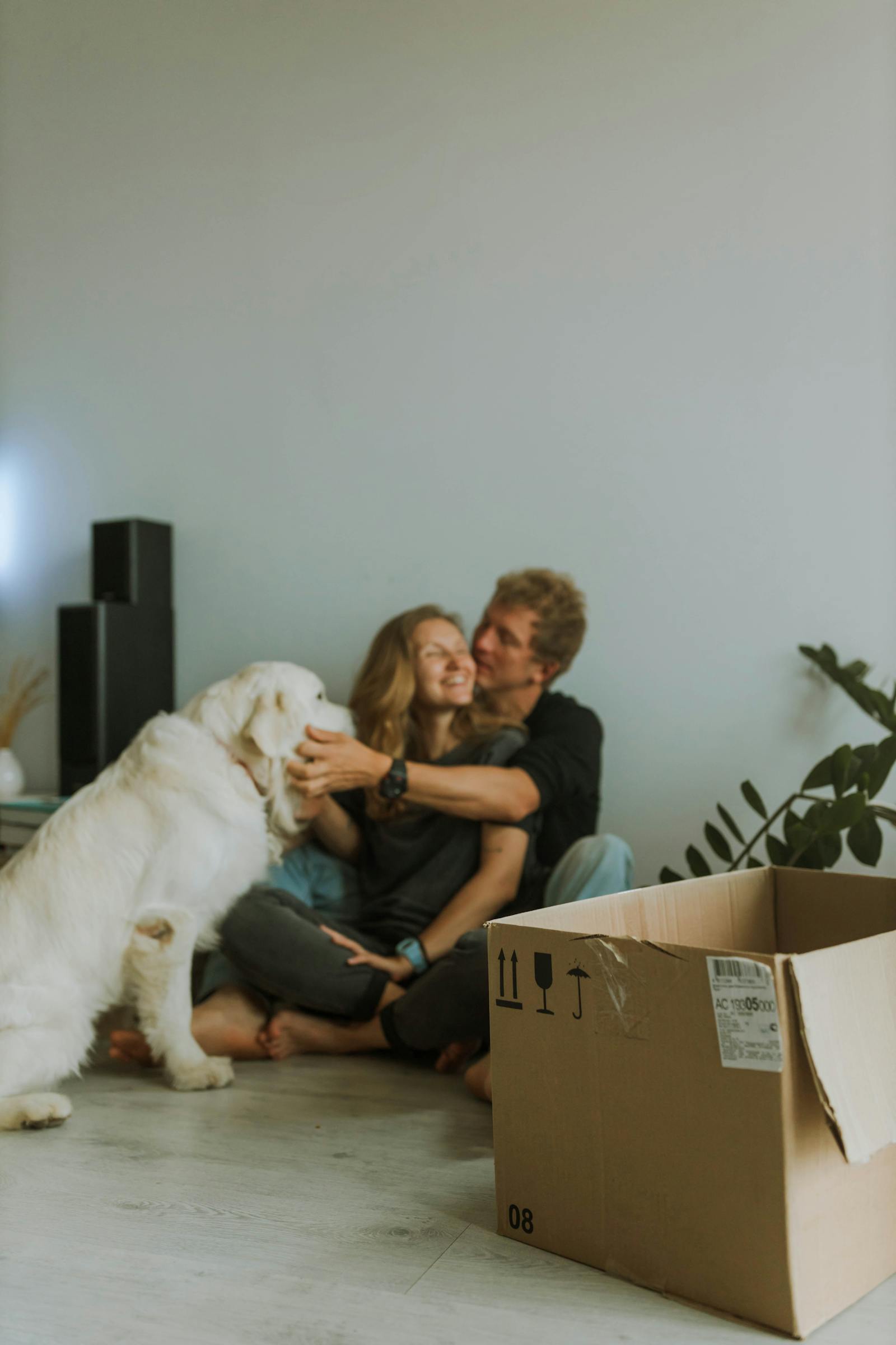 Echtpaar met witte hond zit op de vloer naast een verhuisdoos in een nieuw huis